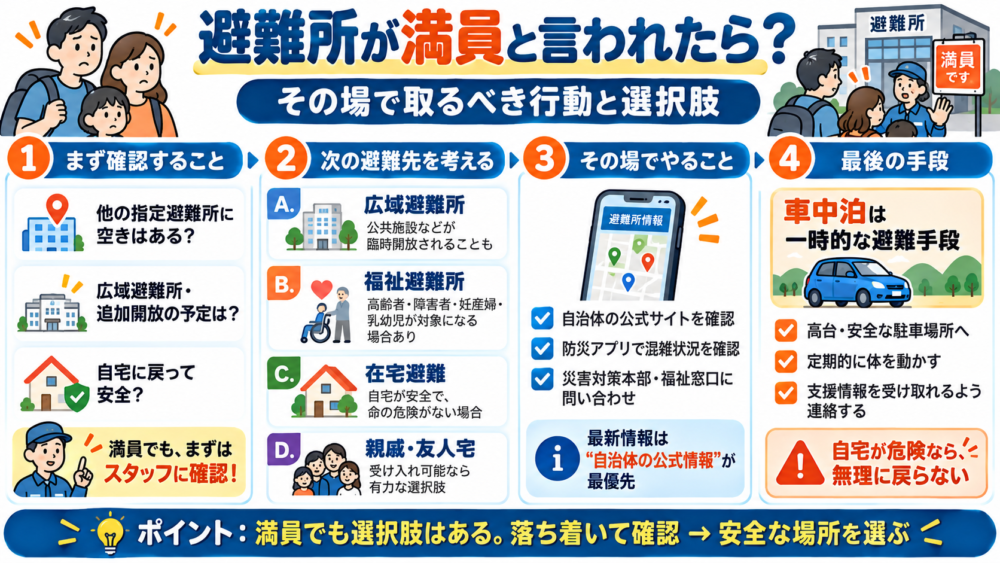 避難所が満員と言われた時に取るべき行動と避難先の選択肢を解説した図解